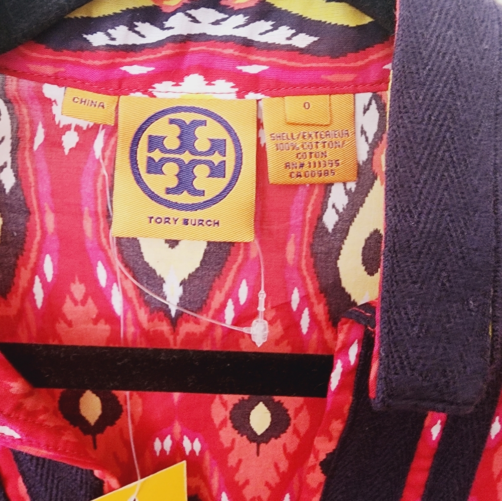 Tory Burch Ikat Long Sleeve Tunic Blouse Top Red Multi NWT Sz 0 - Picture 3 of 6